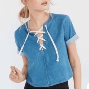 URBAN OUTFITTERS BDG TAVI LACE UP DENIM CHAMBRAY CROP TOP Large